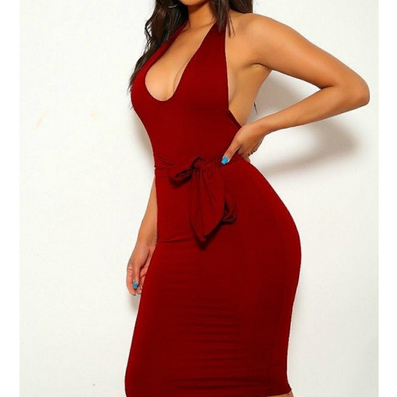 Sexy red deep u neck stretchy bodycon dress - Picture 3 of 3